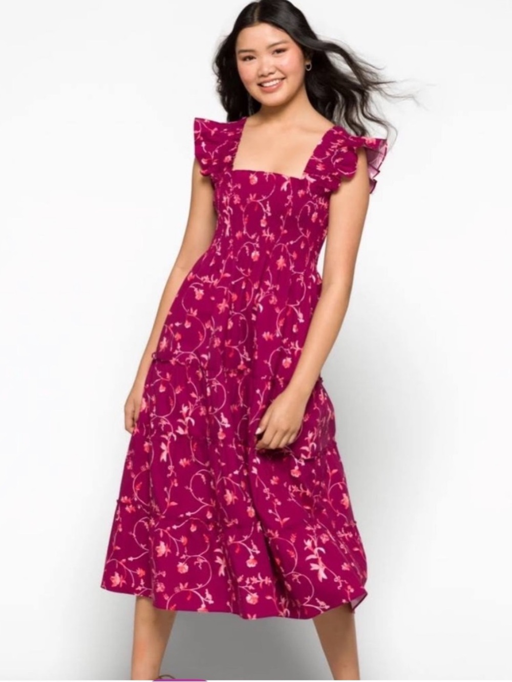 HILL HOUSE HOME The Ellie Nap Dress Burgundy Botanical Smocked Midi | Size L